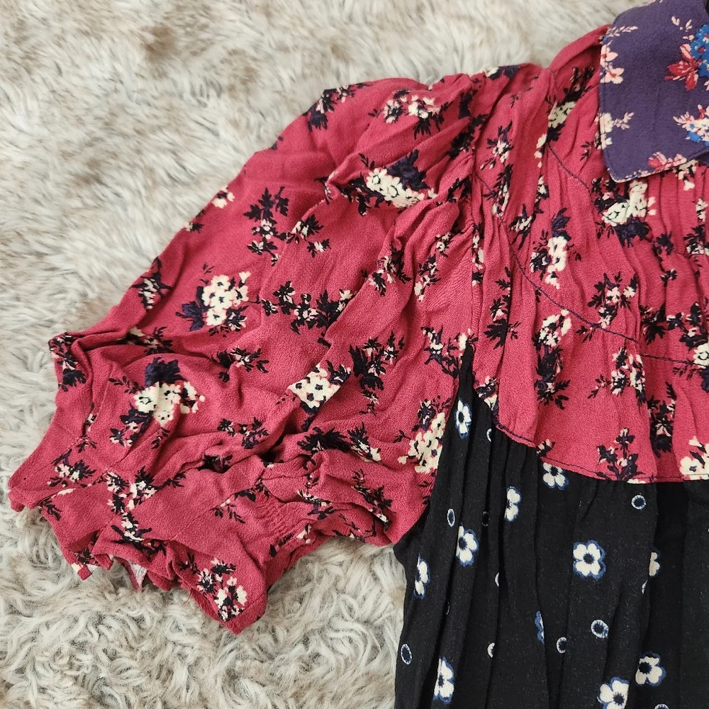 Free People Nora‎ Midi Dress Short Sleeve Red & Black Floral Print Women's Large